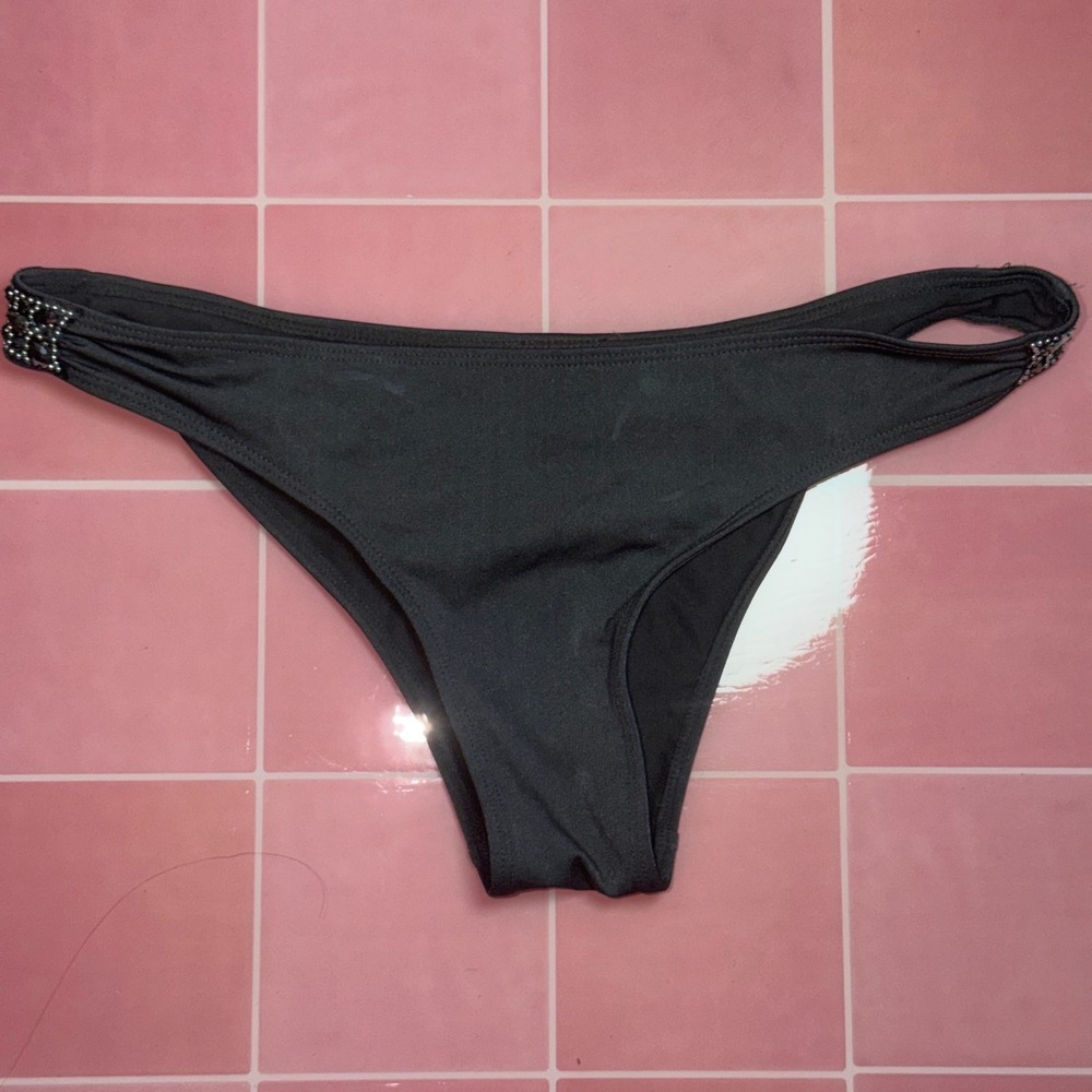 HM Swim Bikini Bottoms Black Gray Rhinestone Embellished Low Rise Womens Size 6